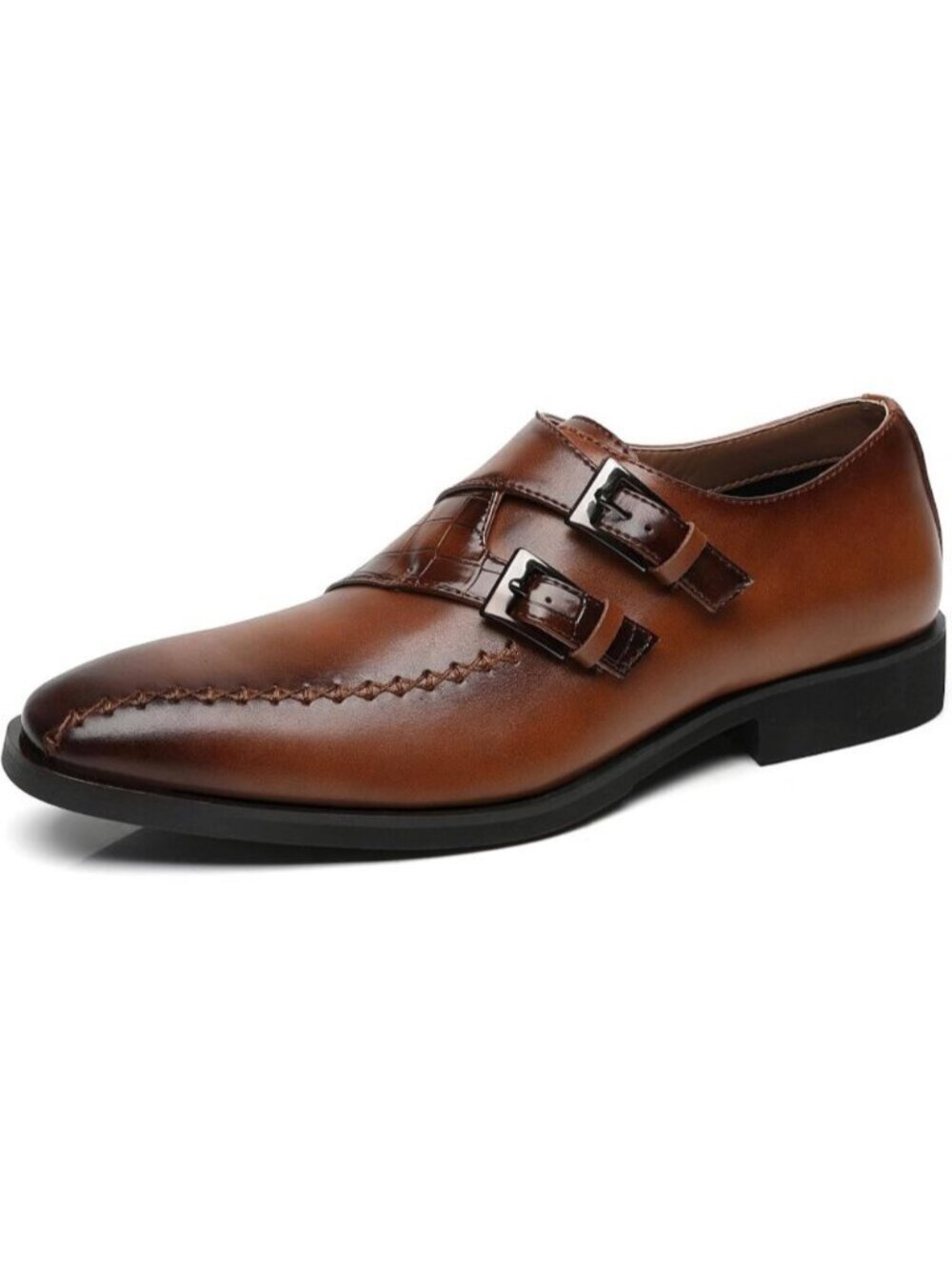 Men Cognac Leather Double Monk Strap Formal Business Brogue Punched Oxford Shoes